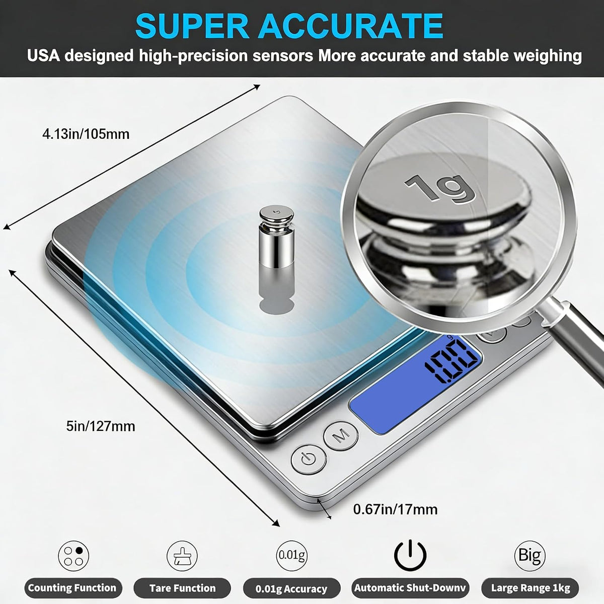 Small Digital Gram Scale 1000g by 0.01g, High Accuracy Scale for Food Ounces and Grams, Upgrade USB Charging Kitchen Scale Digital Weight for Cooking, Baking, with Tare Function, 9 Units, 2 Tray