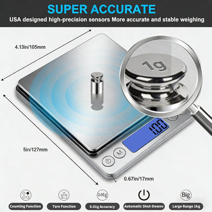 Small Digital Gram Scale 1000g by 0.01g, High Accuracy Scale for Food Ounces and Grams, Upgrade USB Charging Kitchen Scale Digital Weight for Cooking, Baking, with Tare Function, 9 Units, 2 Tray