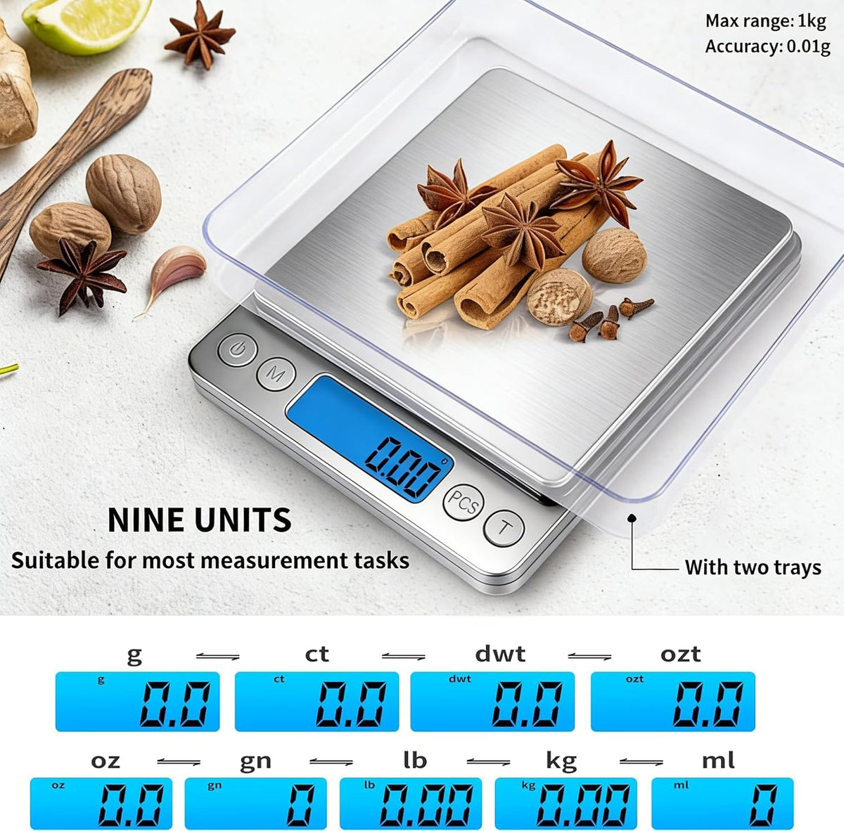 Small Digital Gram Scale 1000g by 0.01g, High Accuracy Scale for Food Ounces and Grams, Upgrade USB Charging Kitchen Scale Digital Weight for Cooking, Baking, with Tare Function, 9 Units, 2 Tray