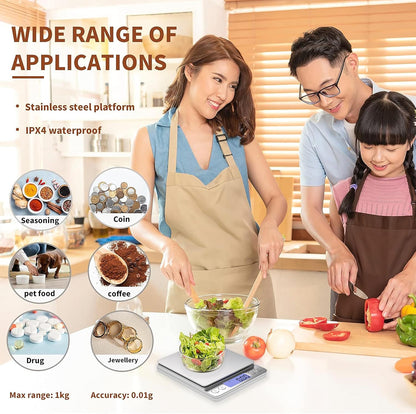 Small Digital Gram Scale 1000g by 0.01g, High Accuracy Scale for Food Ounces and Grams, Upgrade USB Charging Kitchen Scale Digital Weight for Cooking, Baking, with Tare Function, 9 Units, 2 Tray