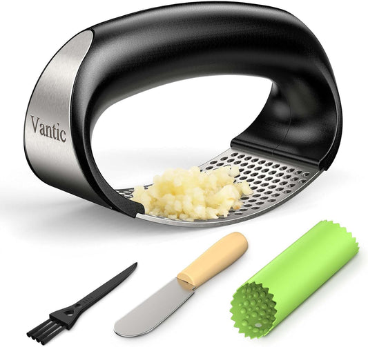 Garlic Press Rocker - Stainless Steel Garlic Crusher, Mincer and Chopper with Peeler & Scraper, Easy Kitchen Gadget for Effortless Smashing