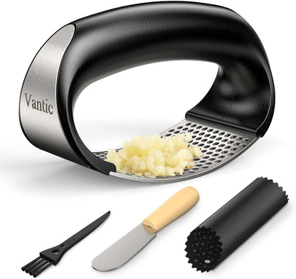 Garlic Press Rocker - Stainless Steel Garlic Crusher, Mincer and Chopper with Peeler & Scraper, Easy Kitchen Gadget for Effortless Smashing
