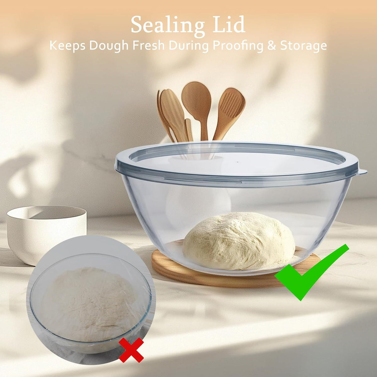 Large Glass Bowl for Sourdough Bread Making, 4.7 Quart Glass Mixing Bowl for Sourdough Bread with Lid, Clear Breads Proofing Bowl with Covers, Ideal for Kitchen, Storage