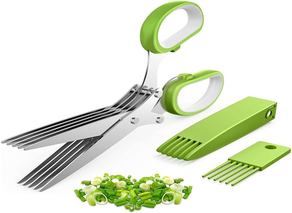 Upgraded Herb Scissors, Herb Shears Cutter Tool, with Sharp Stainless Steel Blades and Cleaning Comb, Must-Have Kitchen & Cooking Gadget, for Cutting Garden Herbs, Cilantro, Green Onion (Green)
