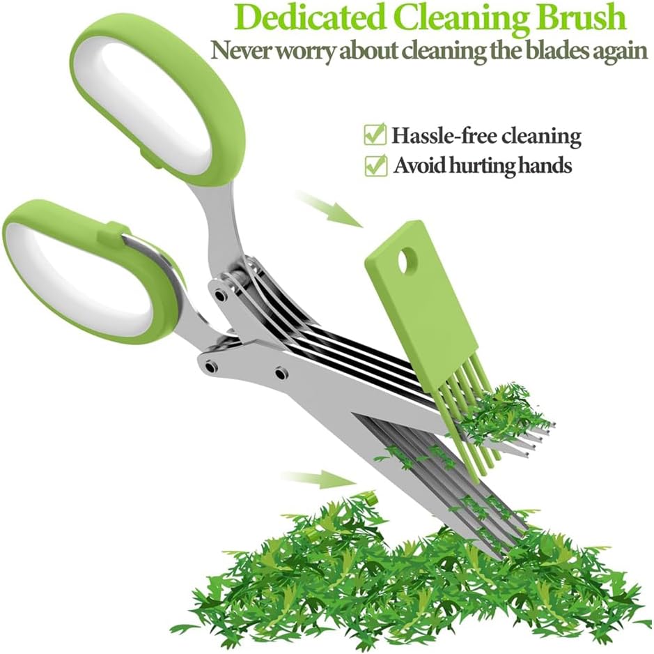 Upgraded Herb Scissors, Herb Shears Cutter Tool, with Sharp Stainless Steel Blades and Cleaning Comb, Must-Have Kitchen & Cooking Gadget, for Cutting Garden Herbs, Cilantro, Green Onion (Green)