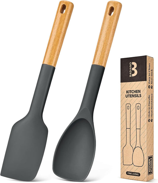 Silicone Spatula and Spoonula Set, Great For Stirring, Tough Mixing and Folding, Sturdy Bpa-Free Matte Silicone, Wooden Handle Rubber Scraper For Nonstick Cookwares (Grey)