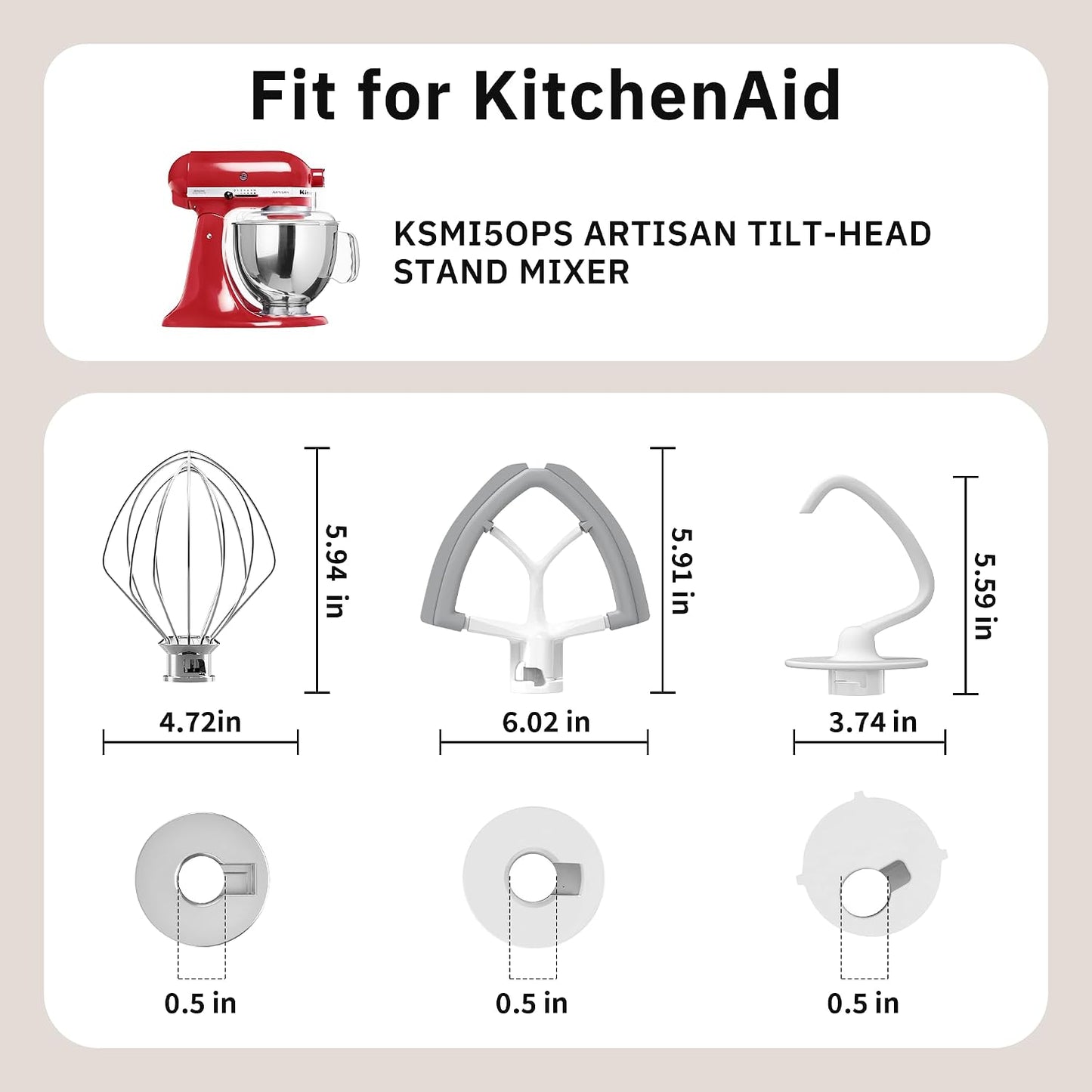 Flex Edge Beater 3Pcs for KitchenAid Mixer Attachments and Accessories Compatible with 4.5-5 Quart Tilt-Head Stand Mixers (K45WW 6-Wire Whip, 4.5-5QT Flat Beater Paddle, 4.5-5QT Dough Hook Attachment)