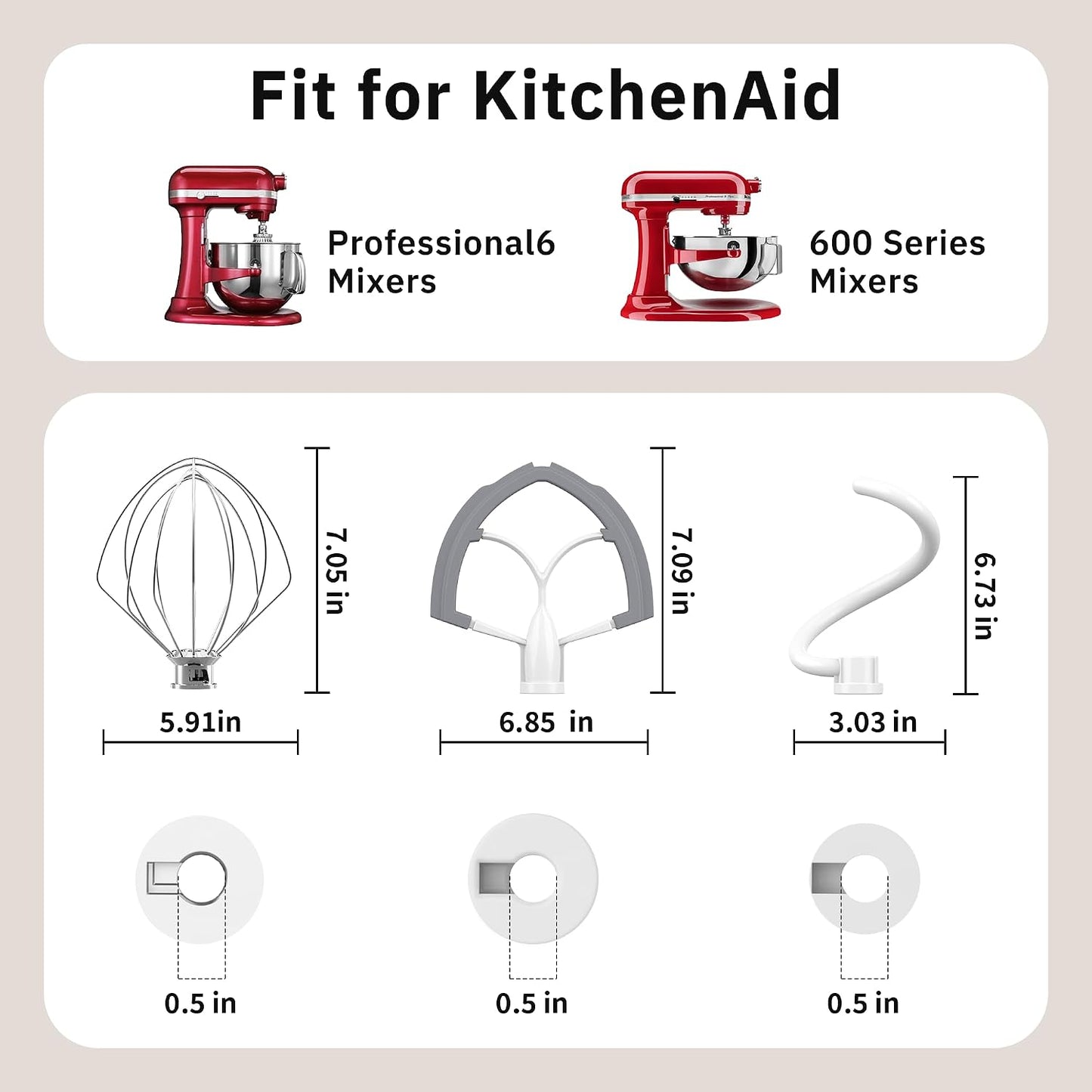 Flex Edge Beater 3Pcs for KitchenAid Mixer Attachments and Accessories Compatible with 4.5-5 Quart Tilt-Head Stand Mixers (K45WW 6-Wire Whip, 4.5-5QT Flat Beater Paddle, 4.5-5QT Dough Hook Attachment)