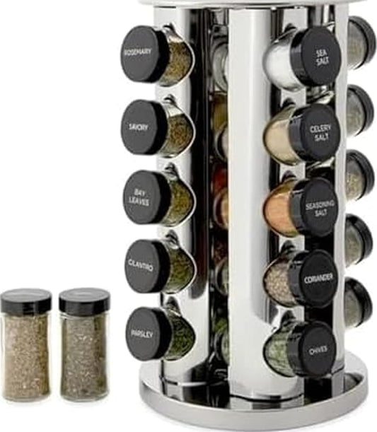 20 Jar Revolving Countertop Spice Rack with Spices Included, FREE Spice Refills for 5 Years, Polished Stainless Steel with Black Caps, 30020
