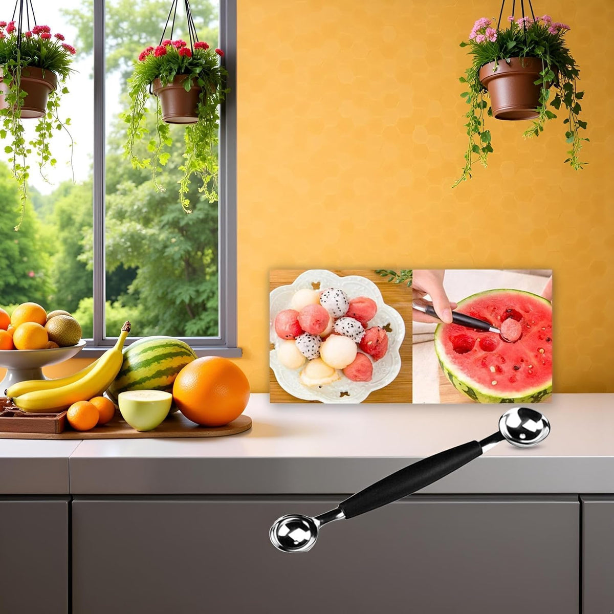 1Pc Black Double-Sided Fruit Melon Baller Spoon 2 in 1 Stainless Steel Melon Ballers Melon Scoop for Watermelon Cantaloupe Icecream Ball,18cm,Fruit and Vegetable Tools,Melon Ballers,Kitchen