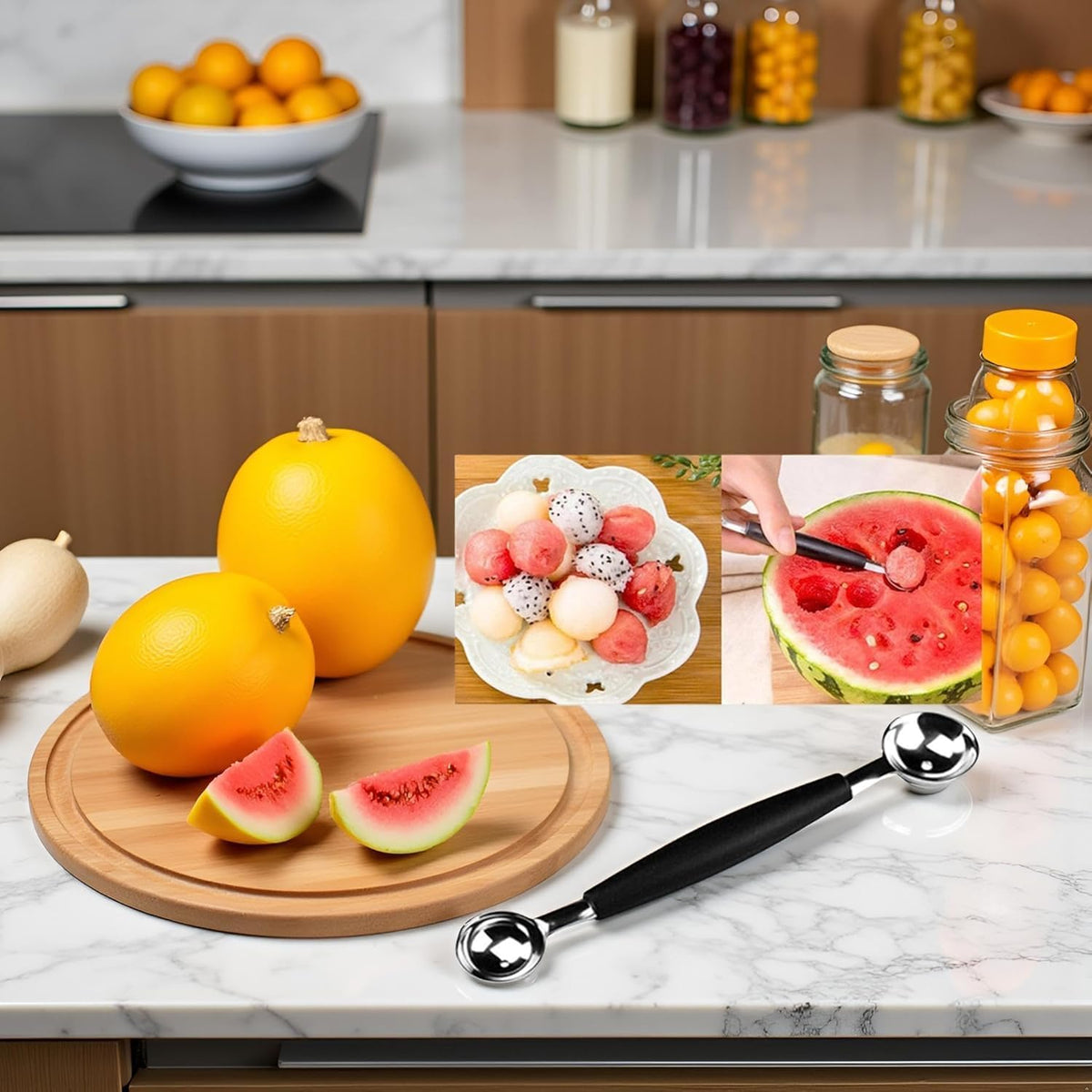 1Pc Black Double-Sided Fruit Melon Baller Spoon 2 in 1 Stainless Steel Melon Ballers Melon Scoop for Watermelon Cantaloupe Icecream Ball,18cm,Fruit and Vegetable Tools,Melon Ballers,Kitchen