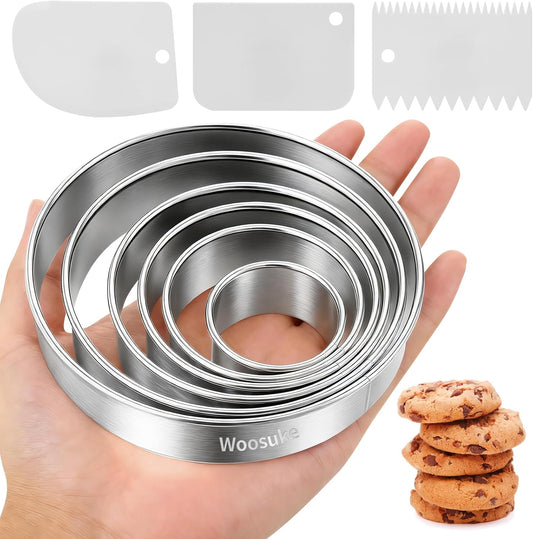 9Pcs Round Cookie Cutter Set - Stainless Steel Biscuit Cutters(2,3,3.5,4,5,6Inch) with 3 Firm Plastic Dough Scrapers – Large Circle Cookie Cutter for Baking Pastry, Donuts, Fondant & Brownies
