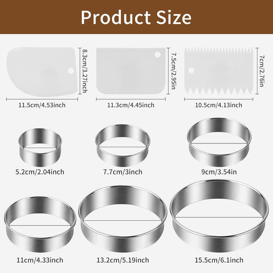 9Pcs Round Cookie Cutter Set - Stainless Steel Biscuit Cutters(2,3,3.5,4,5,6Inch) with 3 Firm Plastic Dough Scrapers – Large Circle Cookie Cutter for Baking Pastry, Donuts, Fondant & Brownies