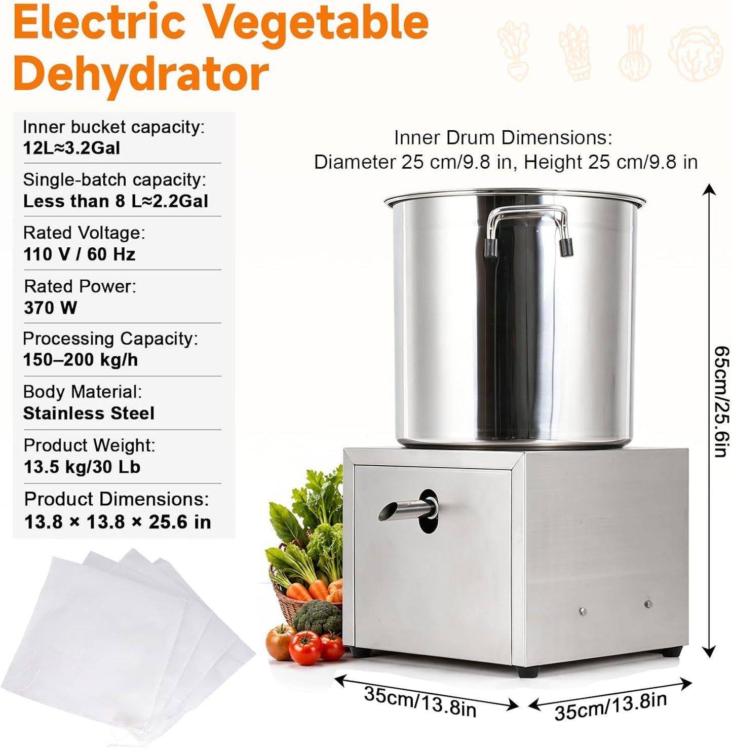 Electric Commercial Salad Spinner Large Inner Capacity 12L(8kg Vegetable), 110V Stainless Steel Lettuce Spinner Vegetable Dryer for Canteens Hotels and Restaurants, One Key Switch