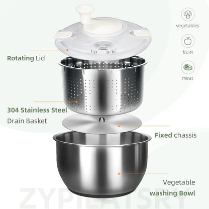 6L-Stainless Steel Salad Rotator, Vegetable Dishwasher,Lettuce Cleaner and Dryer, Kitchen Strainers.