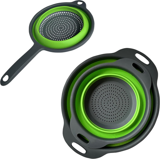 Collapsible Colander Set,Space Saving Collapsible Kitchen Colander Strainer with Handle,Perfect for Draining Pasta Vegetable fruit (Green)