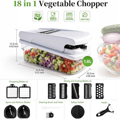 Vegetable Chopper Mandoline Slicer, 18-in-1 Veggie Chopper with Container