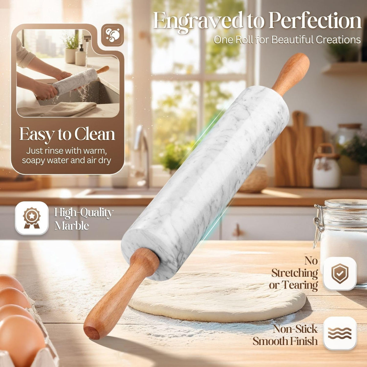 Marble Rolling Pin with Cradle Stand, 10-Inch Dough Roller, White