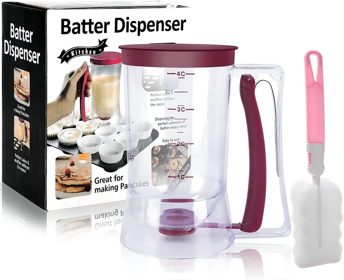 Pancake Batter Dispenser, Pancake Dispenser with Measuring Label, Plastic Batter Dispenser with Cleaning Brush for Cupcakes, Waffles, Muffin Mix, or Any Baked Goods