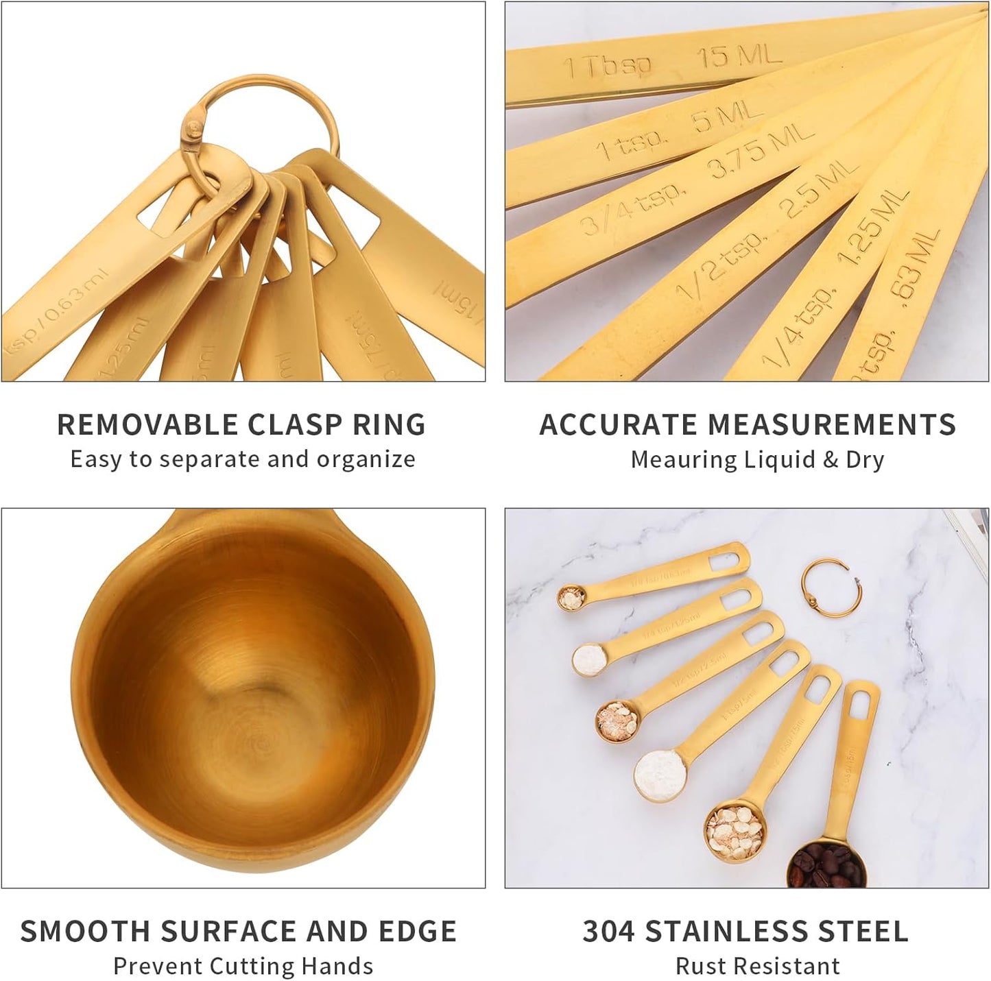 DOCBLACK Measuring Spoons, Heavy Duty 18/8 Stainless Steel Measuring Spoons Cups Set, Set of 6 for Gift Measuring Dry and Liquid Ingredients - Gold