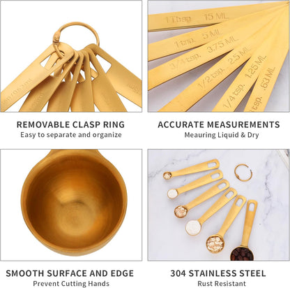 DOCBLACK Measuring Spoons, Heavy Duty 18/8 Stainless Steel Measuring Spoons Cups Set, Set of 6 for Gift Measuring Dry and Liquid Ingredients - Gold