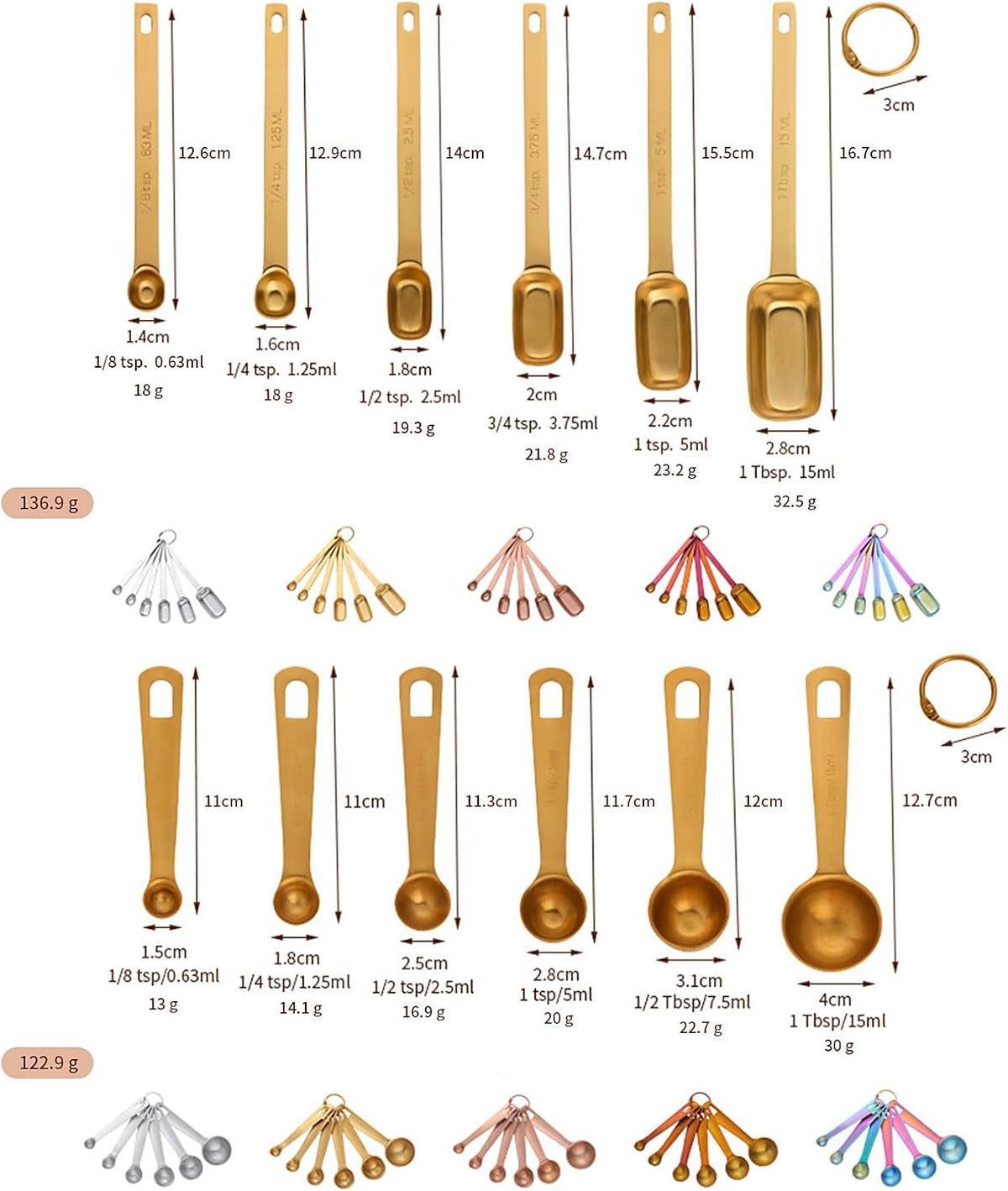 DOCBLACK Measuring Spoons, Heavy Duty 18/8 Stainless Steel Measuring Spoons Cups Set, Set of 6 for Gift Measuring Dry and Liquid Ingredients - Gold