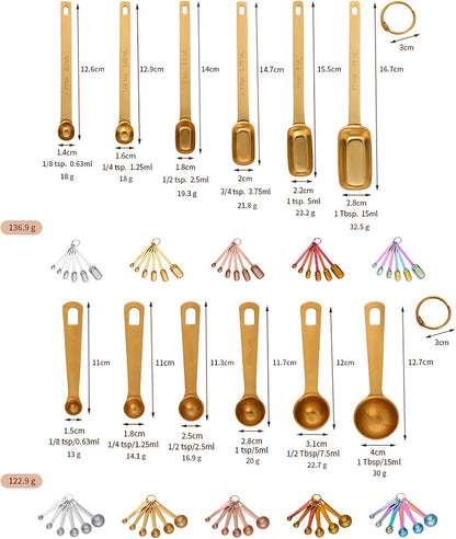 DOCBLACK Measuring Spoons, Heavy Duty 18/8 Stainless Steel Measuring Spoons Cups Set, Set of 6 for Gift Measuring Dry and Liquid Ingredients - Gold