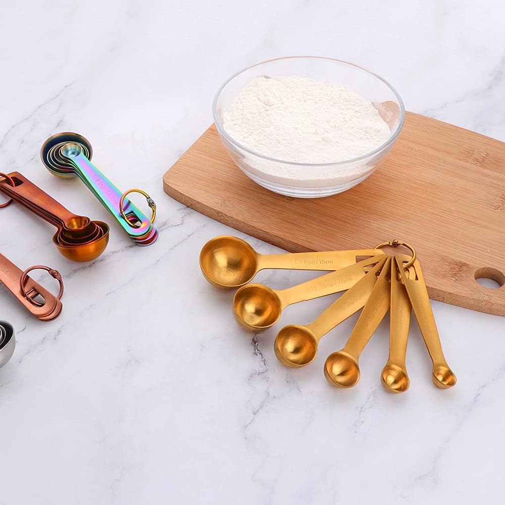DOCBLACK Measuring Spoons, Heavy Duty 18/8 Stainless Steel Measuring Spoons Cups Set, Set of 6 for Gift Measuring Dry and Liquid Ingredients - Gold
