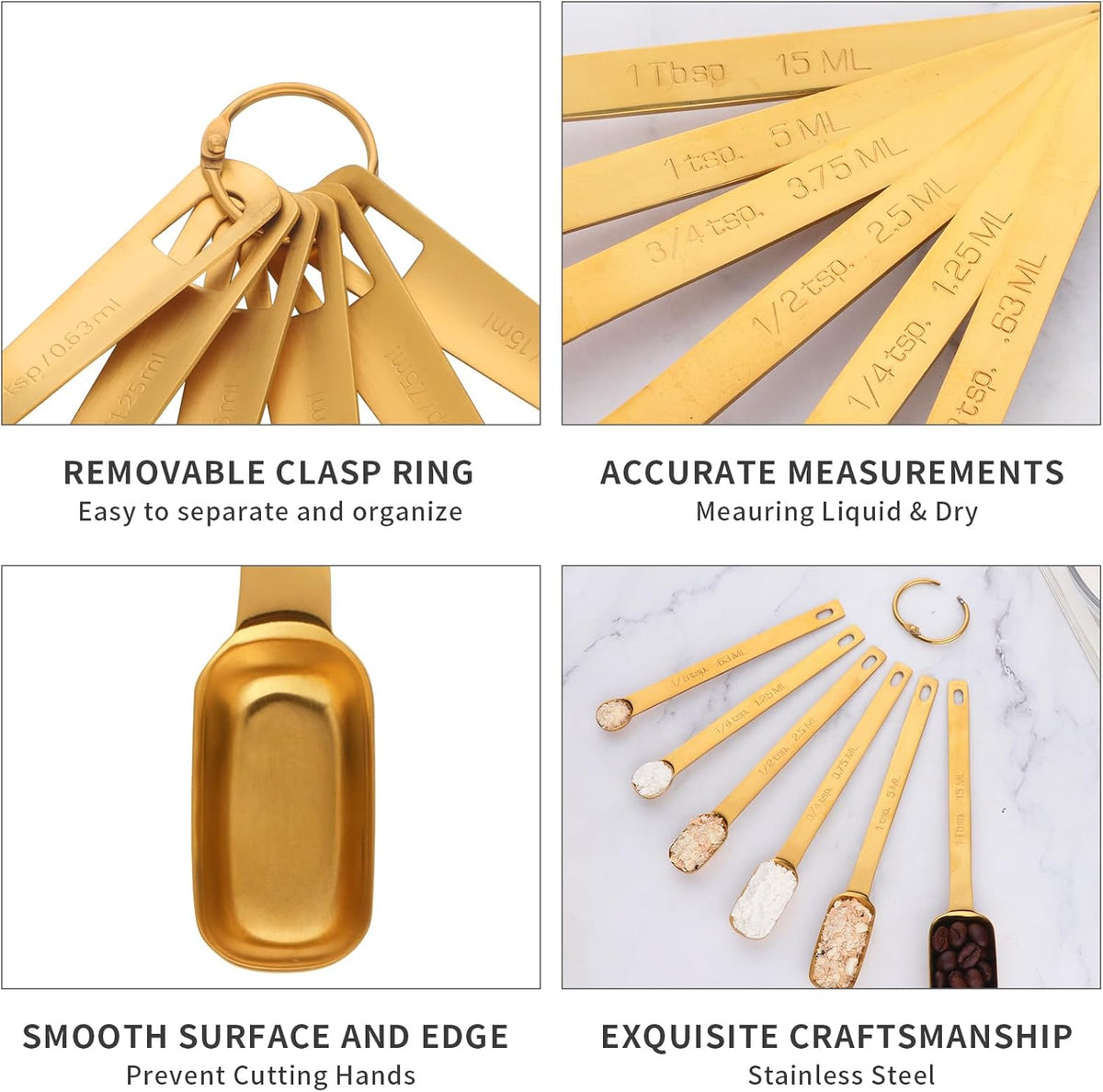 DOCBLACK Measuring Spoons, Heavy Duty 18/8 Stainless Steel Measuring Spoons Cups Set, Set of 6 for Gift Measuring Dry and Liquid Ingredients - Gold