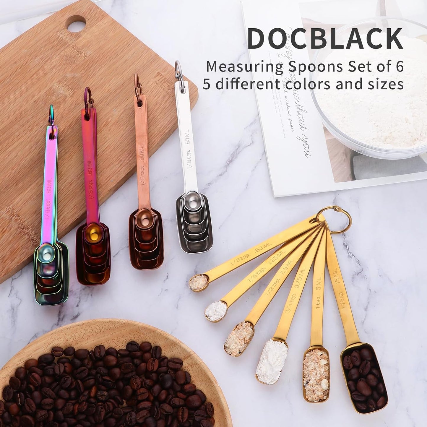 DOCBLACK Measuring Spoons, Heavy Duty 18/8 Stainless Steel Measuring Spoons Cups Set, Set of 6 for Gift Measuring Dry and Liquid Ingredients - Gold