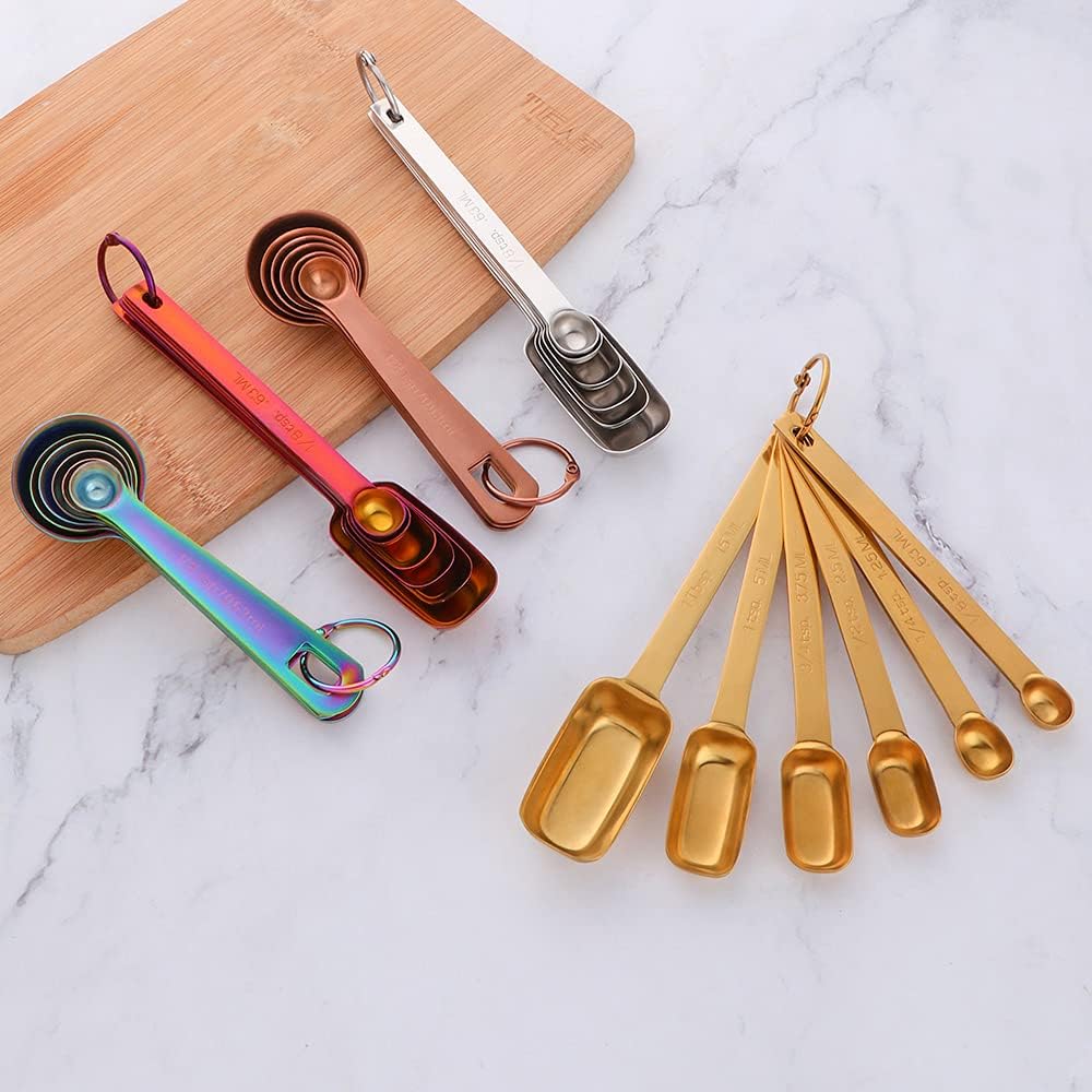 DOCBLACK Measuring Spoons, Heavy Duty 18/8 Stainless Steel Measuring Spoons Cups Set, Set of 6 for Gift Measuring Dry and Liquid Ingredients - Gold