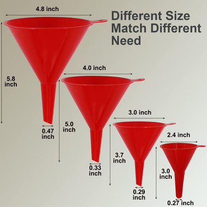 4 Pieces Plastic Funnel Set for Kitchen and Automotive Use, Mini, Small, Medium and Large Funnel for Filling Bottles, Canning, Cooking, Lab or Car Oil Funnels (Red)