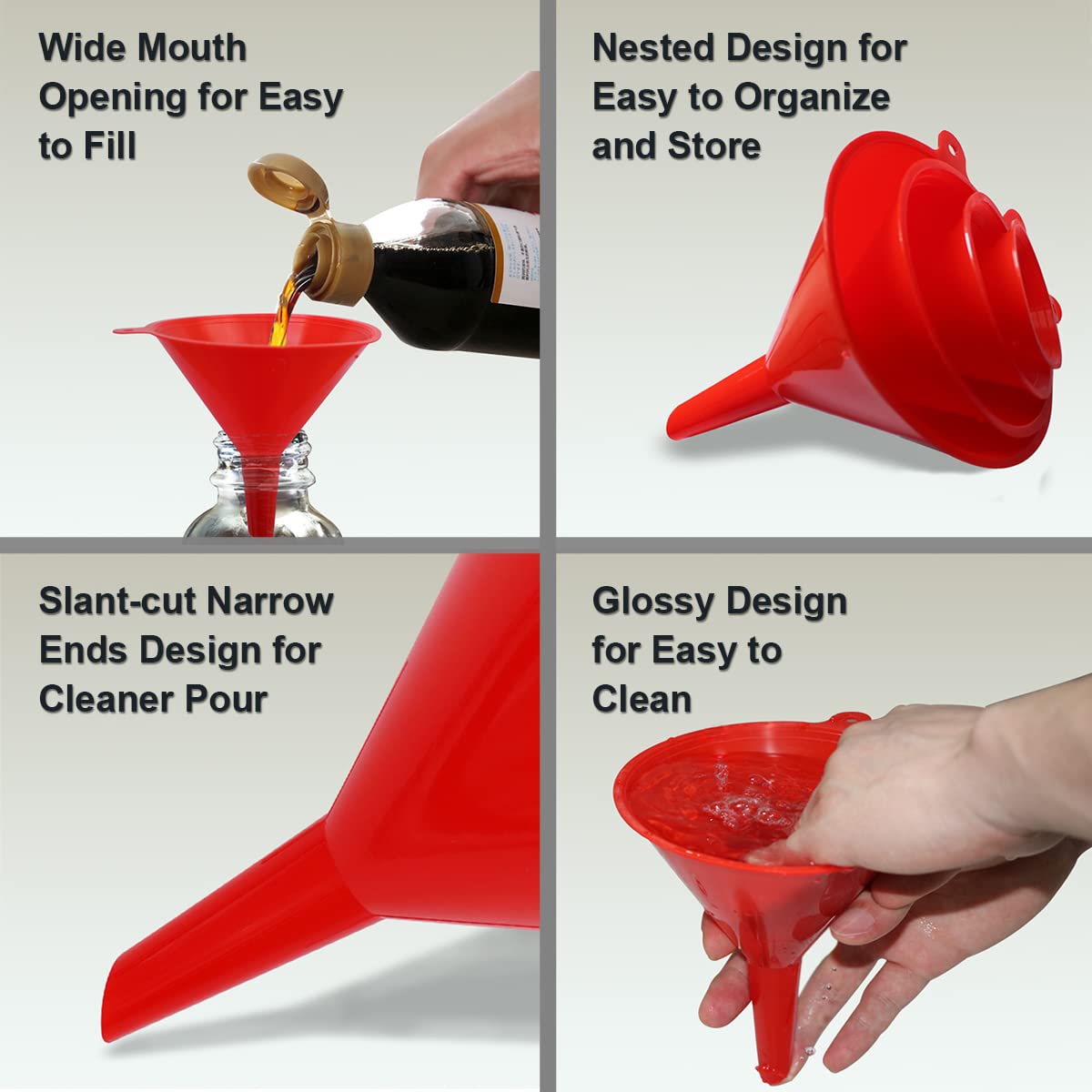4 Pieces Plastic Funnel Set for Kitchen and Automotive Use, Mini, Small, Medium and Large Funnel for Filling Bottles, Canning, Cooking, Lab or Car Oil Funnels (Red)