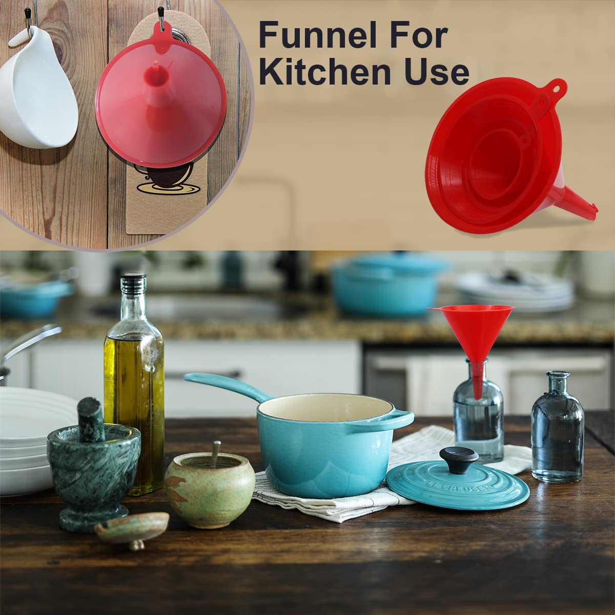 4 Pieces Plastic Funnel Set for Kitchen and Automotive Use, Mini, Small, Medium and Large Funnel for Filling Bottles, Canning, Cooking, Lab or Car Oil Funnels (Red)