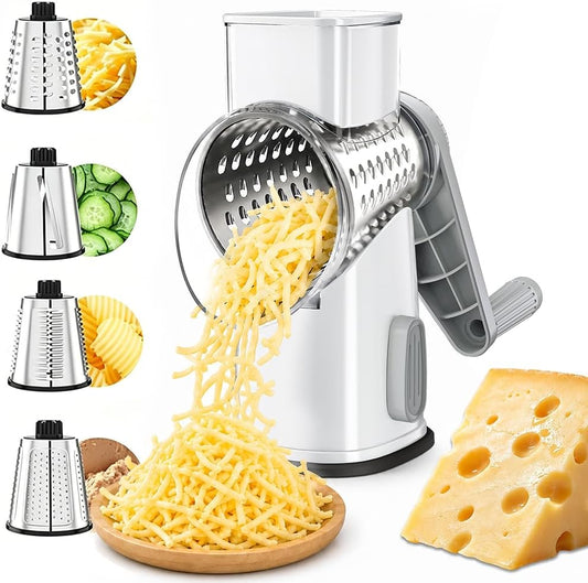 Rotary Cheese Grater Hand Crank 4 blades Cheese Shredder(White Grey) | Stainless Steel Blades, Non-Slip Suction Base, Large Feed Chute & Drums Efficient Cutting for Cheese Veggies Dishwasher Safe
