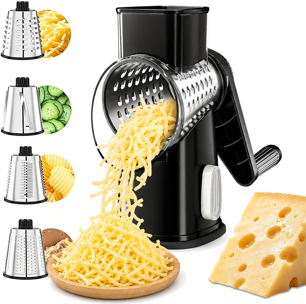 Rotary Cheese Grater Hand Crank 4 blades Cheese Shredder(White Grey) | Stainless Steel Blades, Non-Slip Suction Base, Large Feed Chute & Drums Efficient Cutting for Cheese Veggies Dishwasher Safe