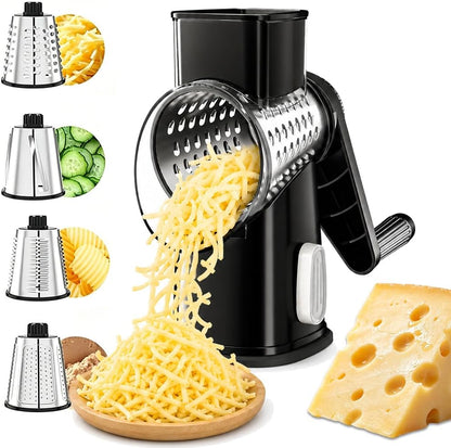 Rotary Cheese Grater Hand Crank 4 blades Cheese Shredder(White Grey) | Stainless Steel Blades, Non-Slip Suction Base, Large Feed Chute & Drums Efficient Cutting for Cheese Veggies Dishwasher Safe