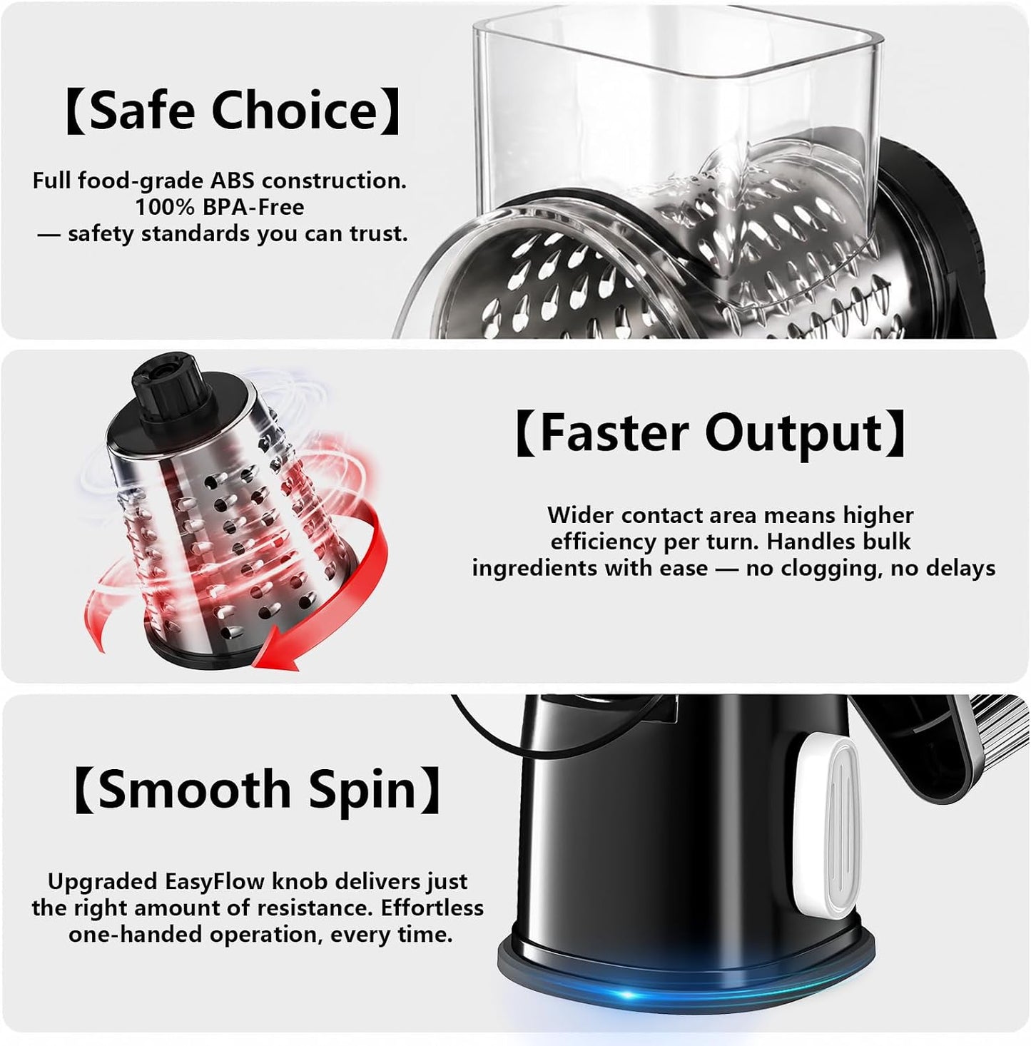 Rotary Cheese Grater Hand Crank 4 blades Cheese Shredder(White Grey) | Stainless Steel Blades, Non-Slip Suction Base, Large Feed Chute & Drums Efficient Cutting for Cheese Veggies Dishwasher Safe