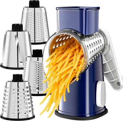 Rotary Cheese Grater Hand Crank 4 blades Cheese Shredder(White Grey) | Stainless Steel Blades, Non-Slip Suction Base, Large Feed Chute & Drums Efficient Cutting for Cheese Veggies Dishwasher Safe