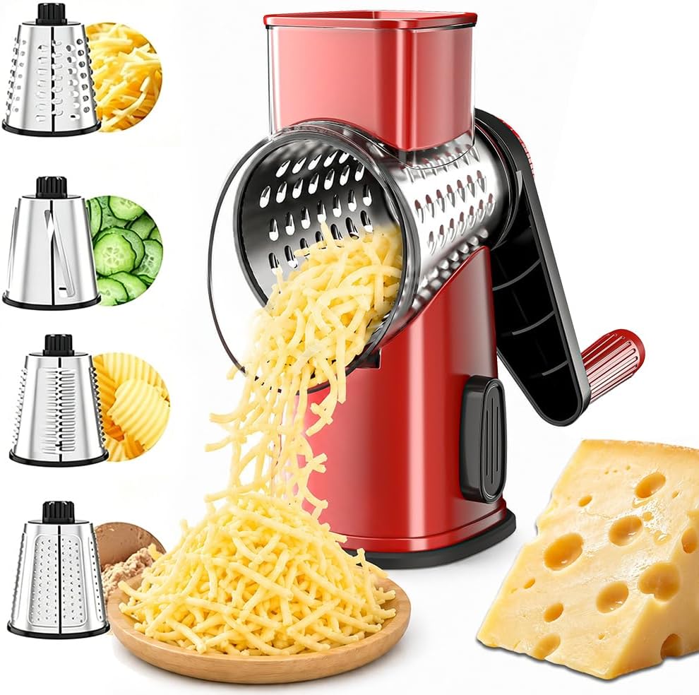 Rotary Cheese Grater Hand Crank 4 blades Cheese Shredder(White Grey) | Stainless Steel Blades, Non-Slip Suction Base, Large Feed Chute & Drums Efficient Cutting for Cheese Veggies Dishwasher Safe