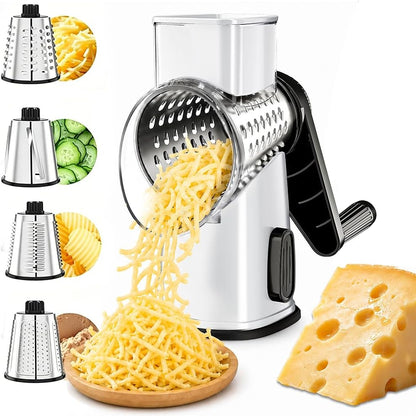 Rotary Cheese Grater Hand Crank 4 blades Cheese Shredder(White Grey) | Stainless Steel Blades, Non-Slip Suction Base, Large Feed Chute & Drums Efficient Cutting for Cheese Veggies Dishwasher Safe