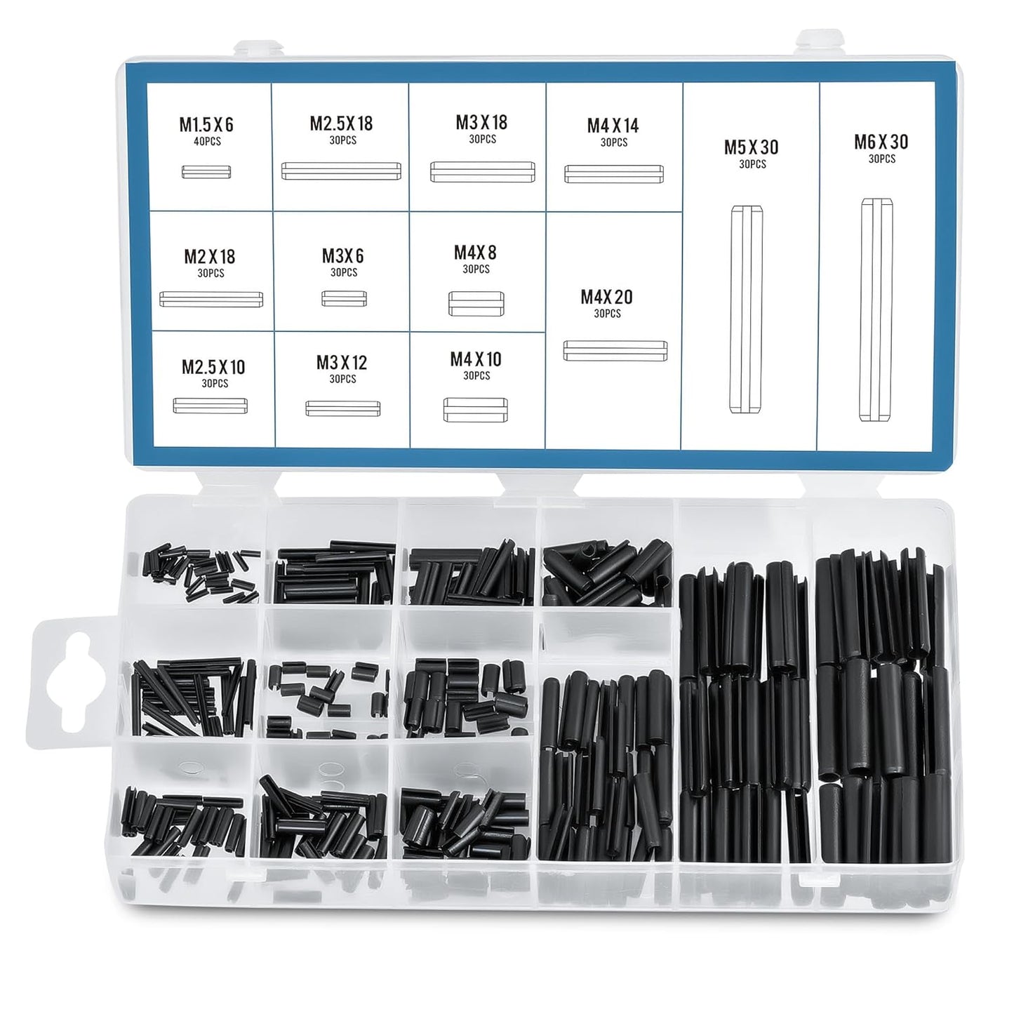 400pc Roll Pin Set, M1.5 M2 M2.5 M3 M4 M5 M6 Slotted Metric Spring Pins in Various Lengths, Steel Split Expansion Pin Hardware Assortment Kit