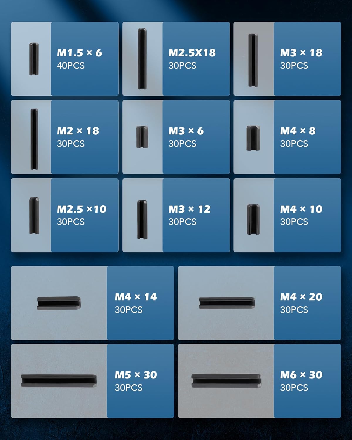 400pc Roll Pin Set, M1.5 M2 M2.5 M3 M4 M5 M6 Slotted Metric Spring Pins in Various Lengths, Steel Split Expansion Pin Hardware Assortment Kit