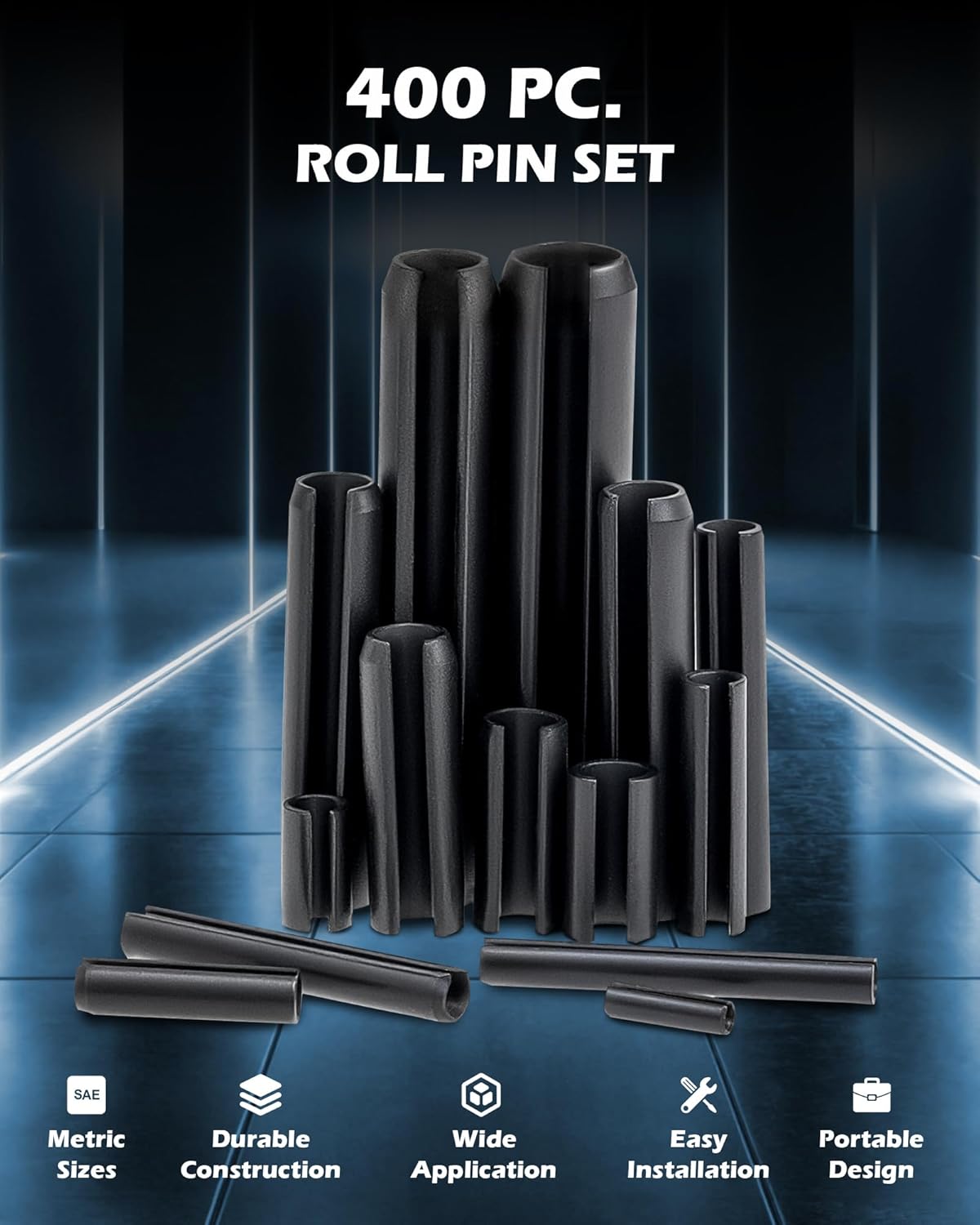 400pc Roll Pin Set, M1.5 M2 M2.5 M3 M4 M5 M6 Slotted Metric Spring Pins in Various Lengths, Steel Split Expansion Pin Hardware Assortment Kit