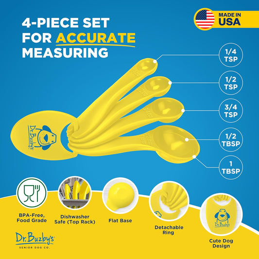 Measuring Spoon Set, 4-Piece, Cute Dog Design, Made in USA | BPA-free, food-grade, for dog supplements, treats & baking, dog lover gift, dishwasher safe, embossed measurements