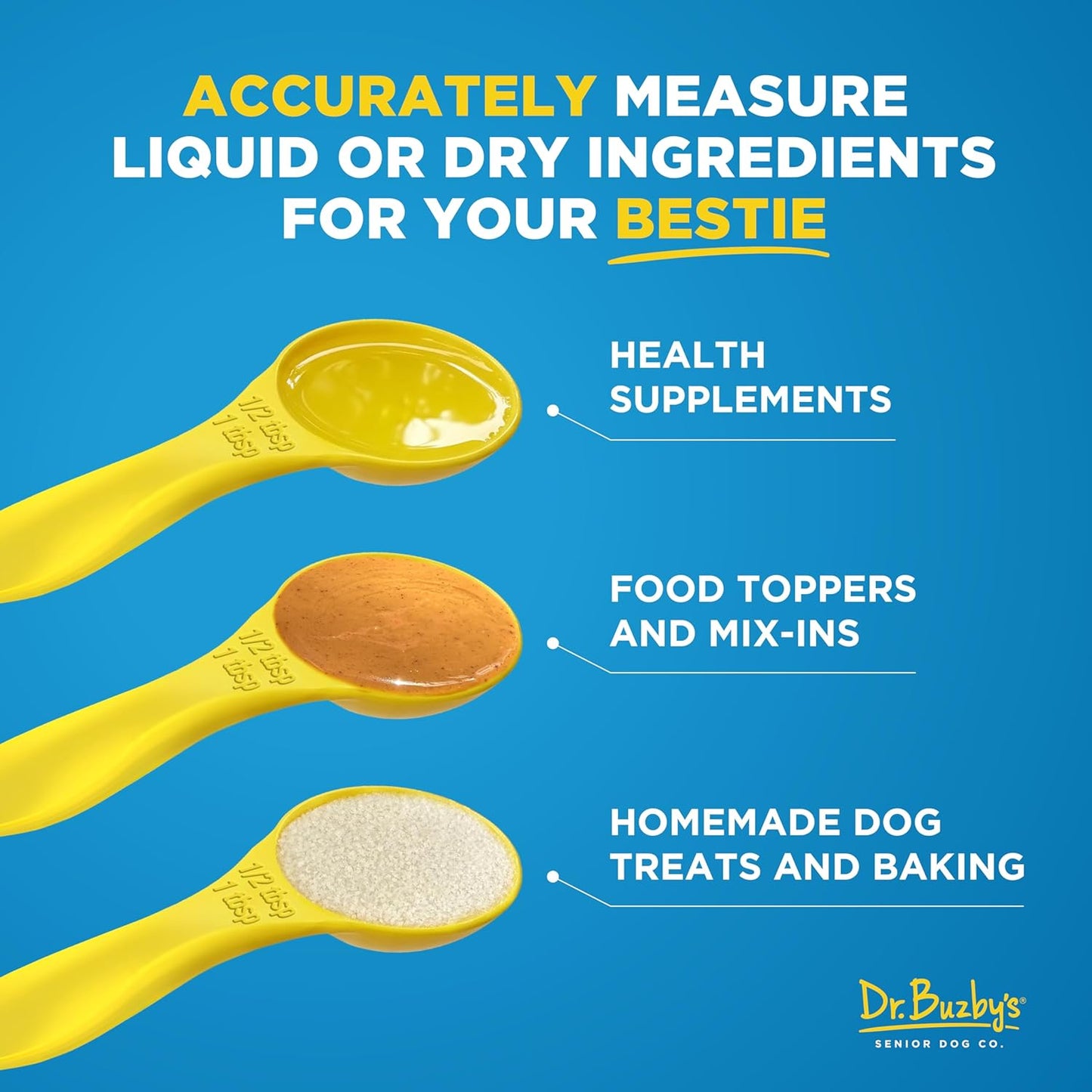 Measuring Spoon Set, 4-Piece, Cute Dog Design, Made in USA | BPA-free, food-grade, for dog supplements, treats & baking, dog lover gift, dishwasher safe, embossed measurements