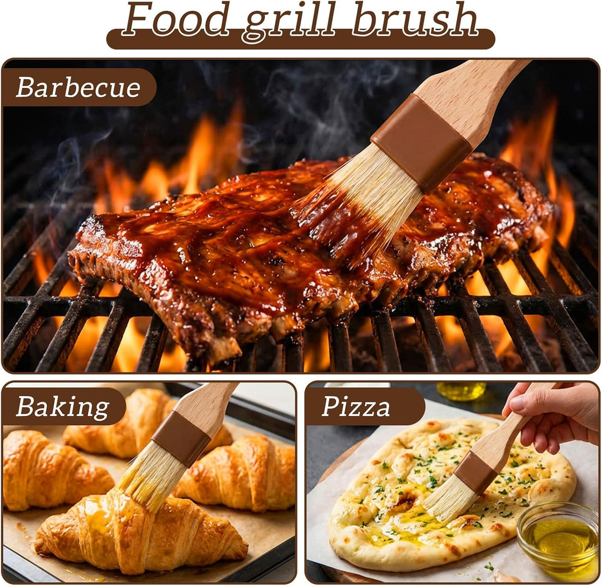 3Pcs Pastry Basting Brush for Cooking and Baking, 1" Boar Bristles and Beech Hardwood Handles Food Grade Culinary Oil Brushes for Barbecue Butter Grill BBQ Sauce Baster Marinade Kitchen Egg Wash Brush