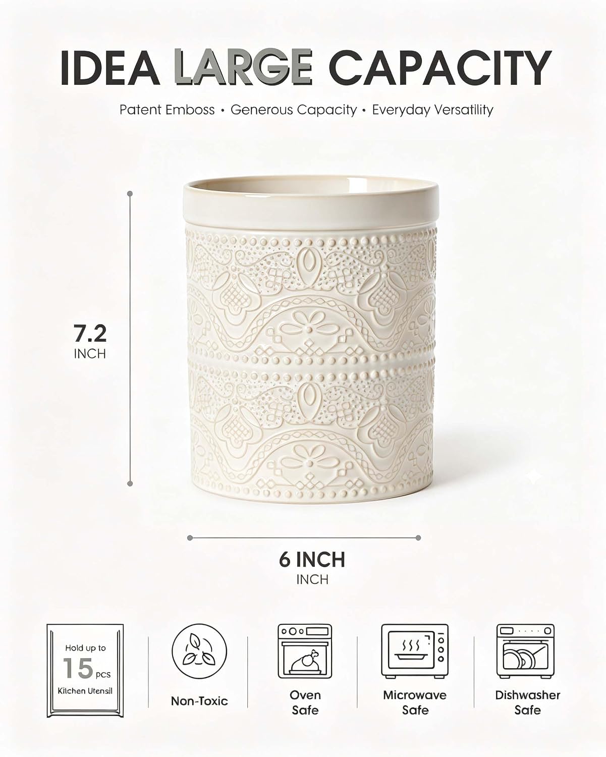FUN ELEMENTS Kitchen Utensil Holder, 7.2" Super Large Utensil Crock Heavy and Stable Lace Emboss Ceramic Utensil Holder for Kitchen Counter (Bright White)