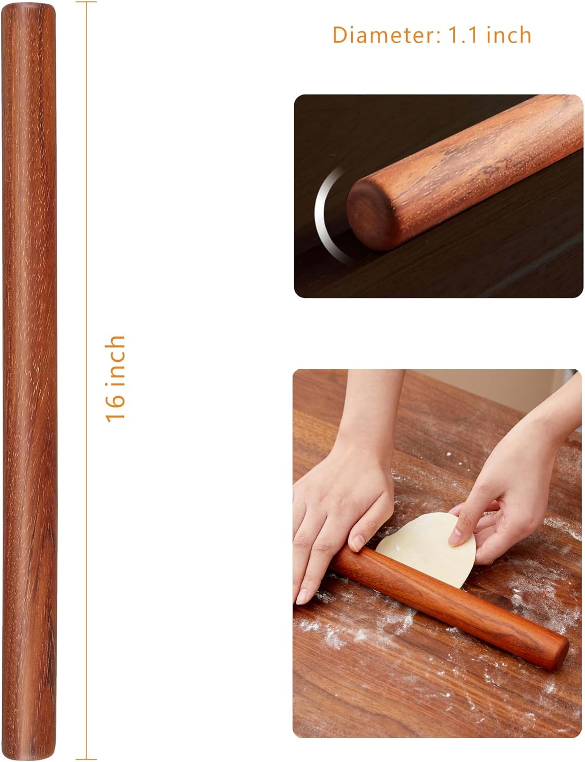 Wood Rolling Pins for Baking- 16" Classic Wooden Rolling Pin for Dough, Rodillo Para Masa for Fondant Pizza Pie Crust Cookie Pastry Pasta, Baking Essentials, Rosewood