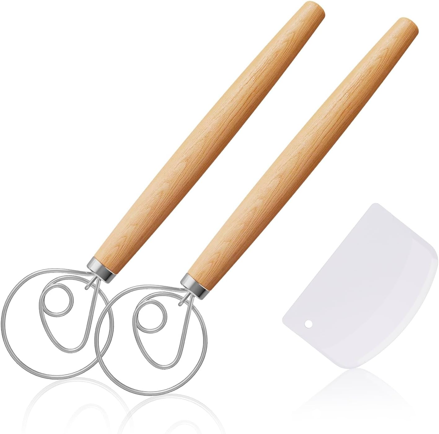 2‑Pack 13‑Inch Danish Dough Whisk, Bread Whisk with Dough Scraper | Sourdough Whisk Set with Dough Scraper, Ideal for Sourdough, Pizza Dough & Pastry, Ergonomic Wood Handle for Home Baking